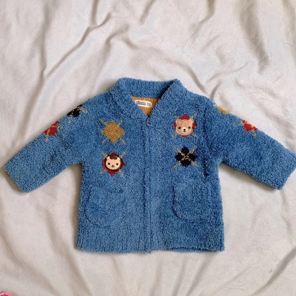 Baby piccolo zip up teddy bear blue argyle sweater 6-12 months cozy